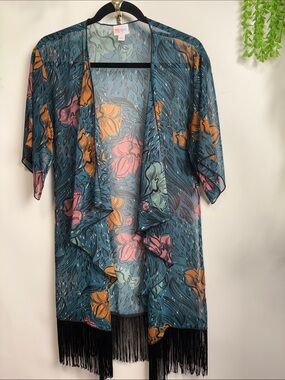 LuLaRoe Teal Floral Open Kimono with Black Detail